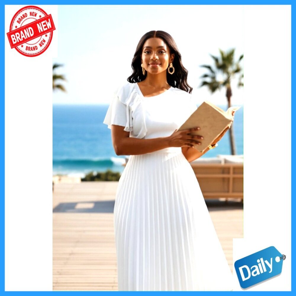 Pleated Midi Dress with Ruffles, V-Neck, Short Sleeve, Semi-Formal - Picture 7 of 7